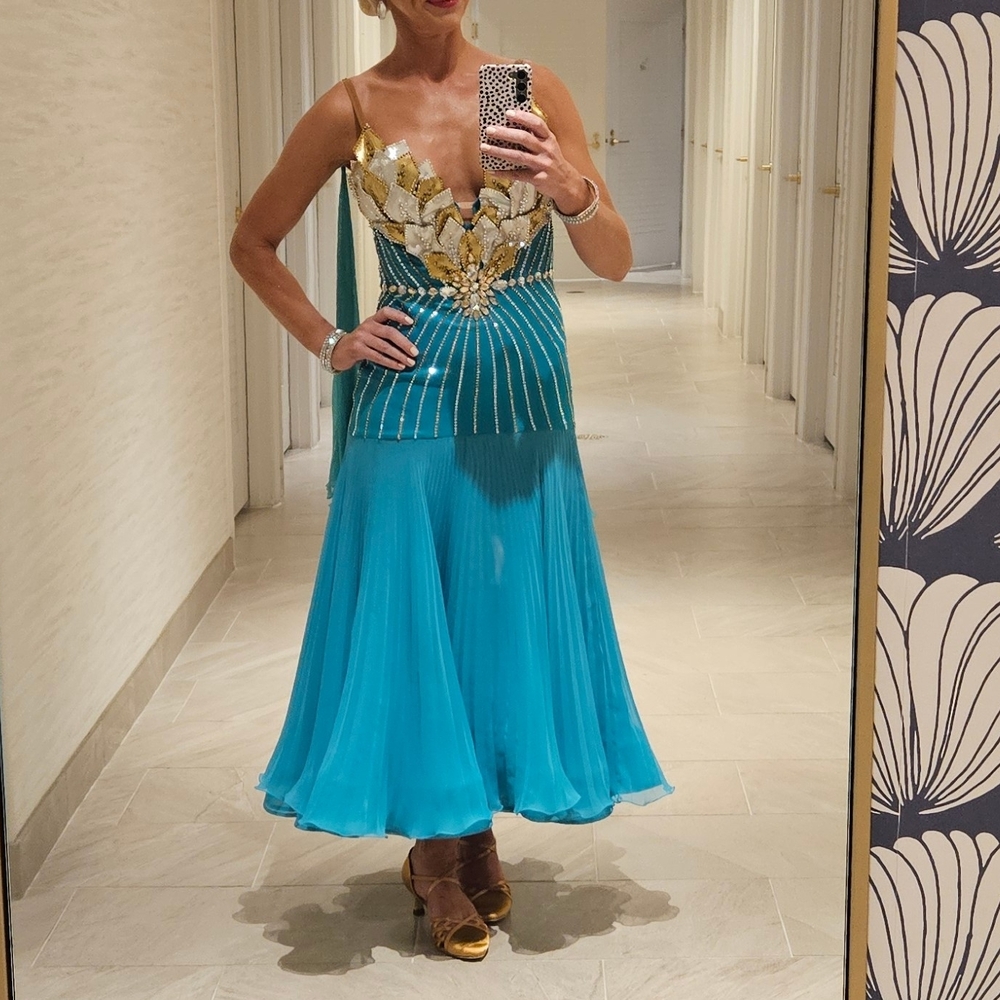 Gold and Teal Sequin American Smooth Competition Dress. Size Small.